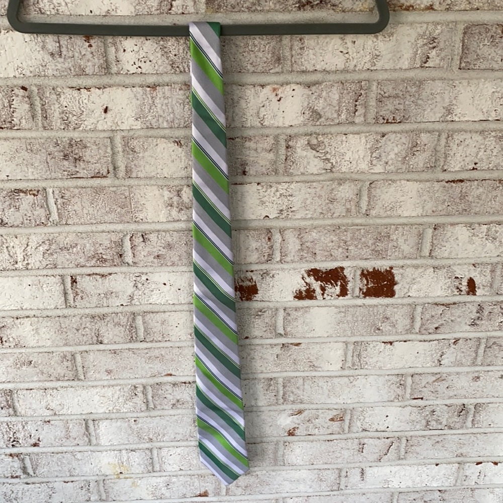 Men's Express Gray & Lime Green Diagonal Striped 100% Silk Tie